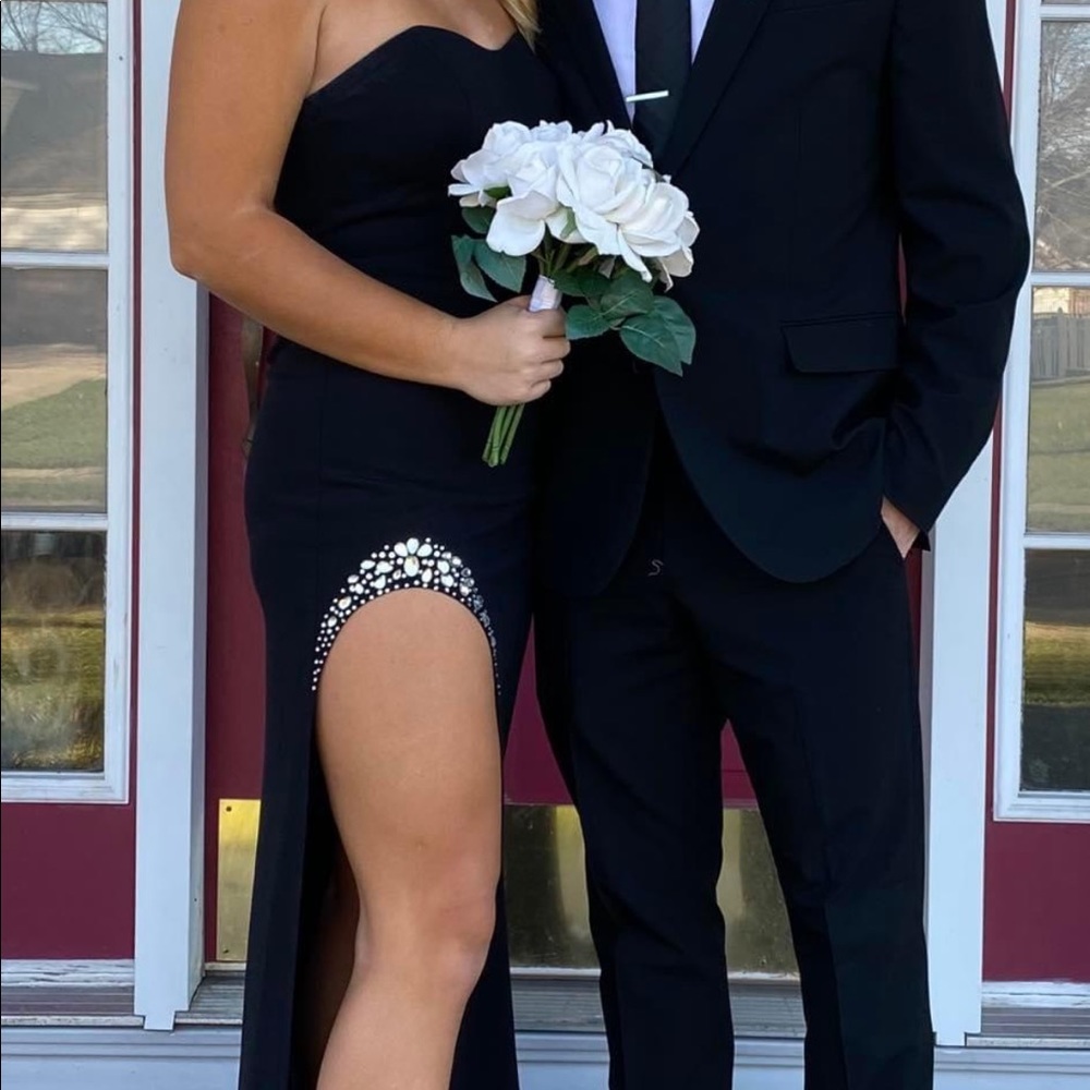 Black strapless rhinestone dress
